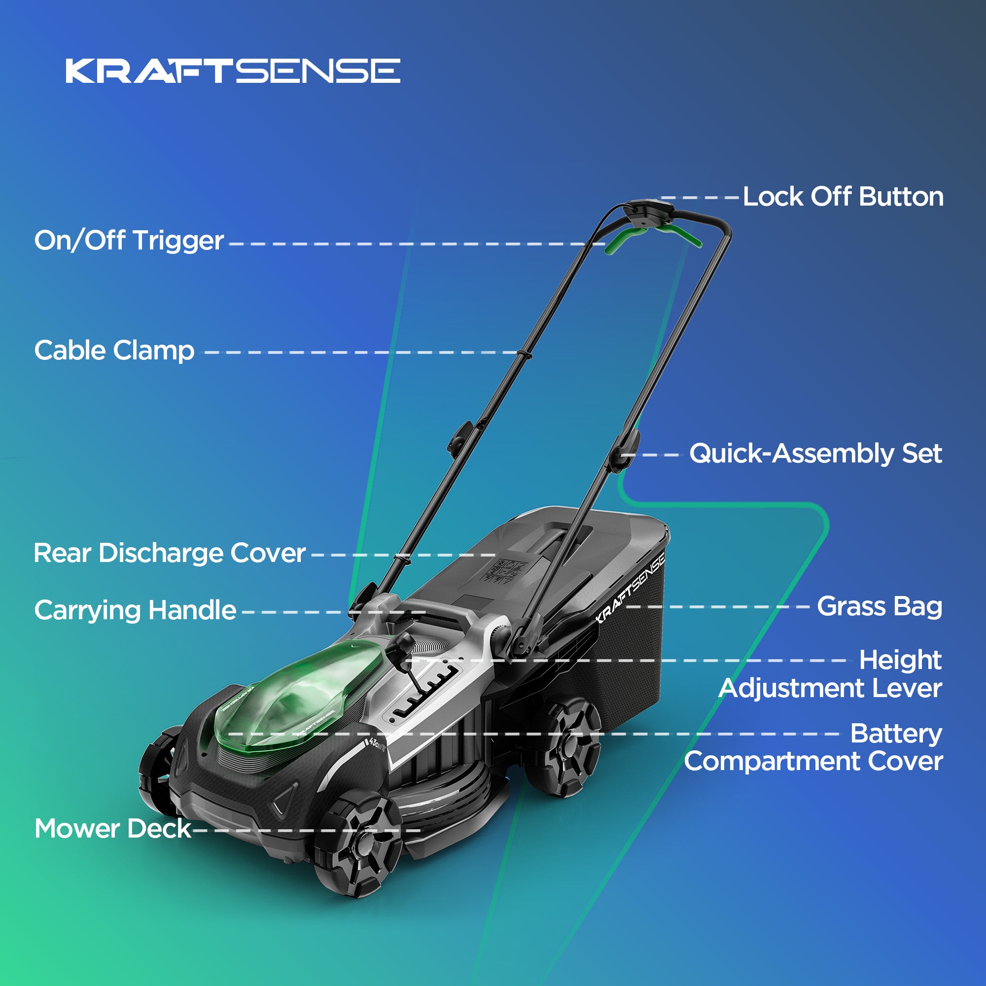 Kraftsense U20X Slim 40V bürstenloser Akku-Rasenmäher 43 cm – mit langem Lauf, 2×8,0Ah Akkus inklusive