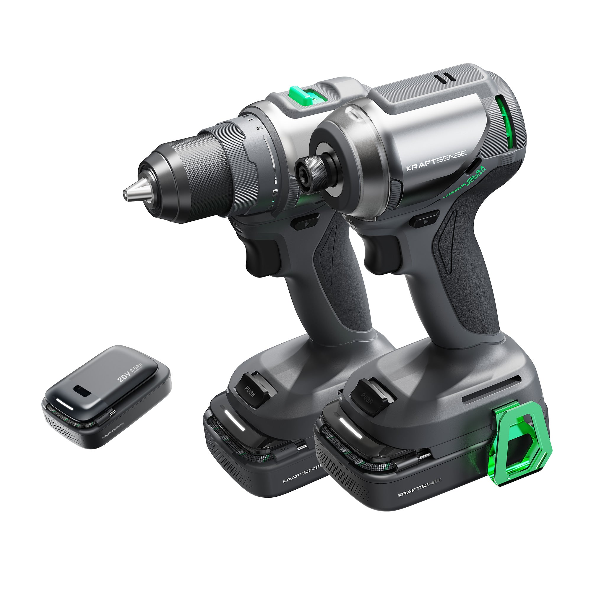Bald erhältlich | Bald erhältlich | Kraftsense U20X Slim 20V Bürstenloser 1/4" Driver & 1/2" Bohrschrauber-Set – mit 2,0Ah Akku