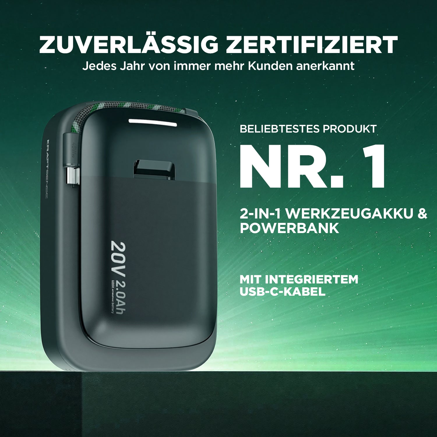 Kraftsense U20X  Slim 20V 2.0Ah Akku & Powerbank 2-in-1