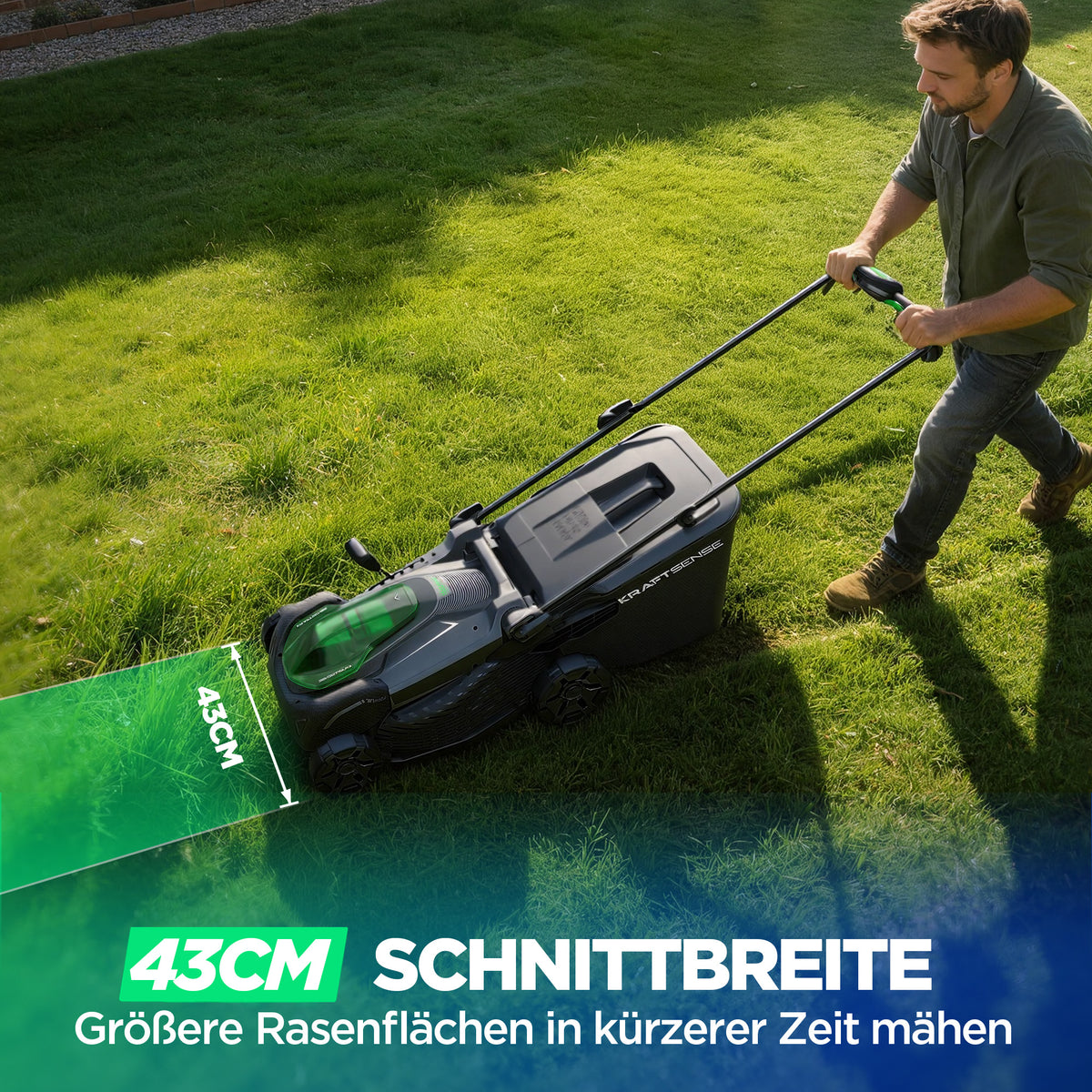 Kraftsense U20X  Slim 40V bürstenloser Akku-Rasenmäher 43 cm – mit langem Lauf, 2×8,0Ah Akkus inklusive