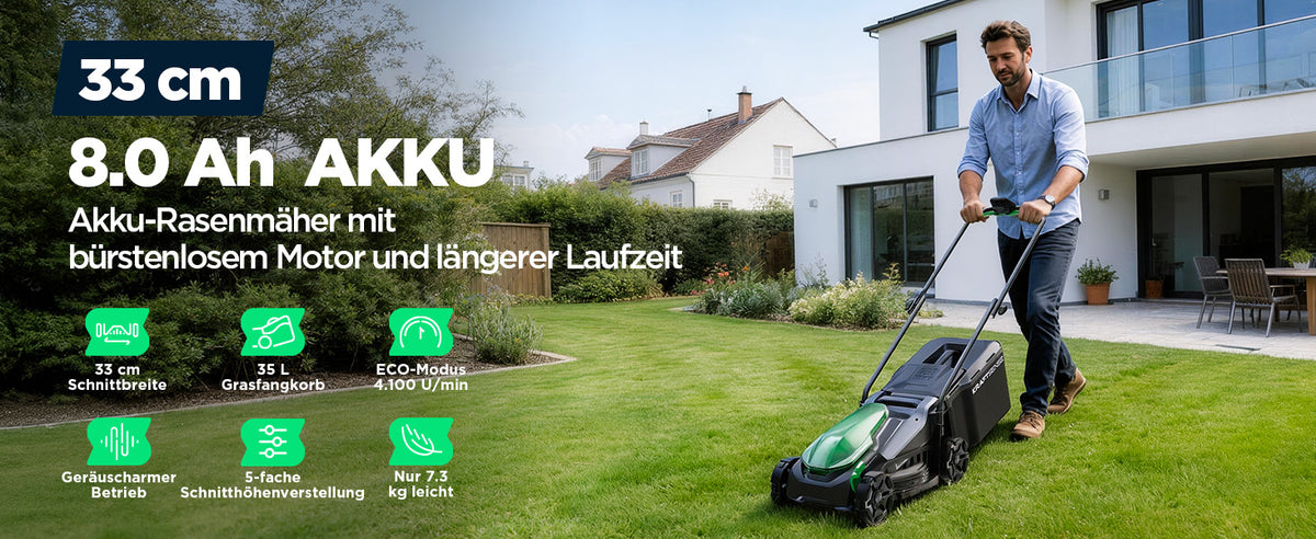 Kraftsense U20X Slim 20V bürstenloser Akku-Rasenmäher 33 cm – mit langem Lauf 8,0Ah Akku