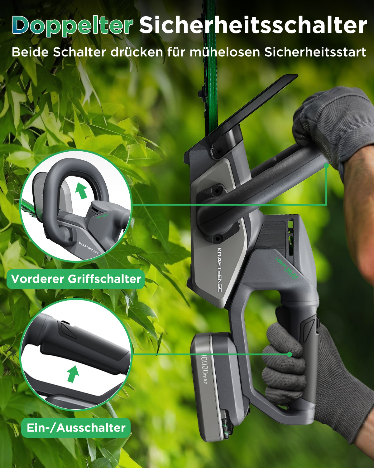 KraftSense U20X Slim 20V bürstenlose Akku-Heckenschere mit 2,0 Ah Akku
