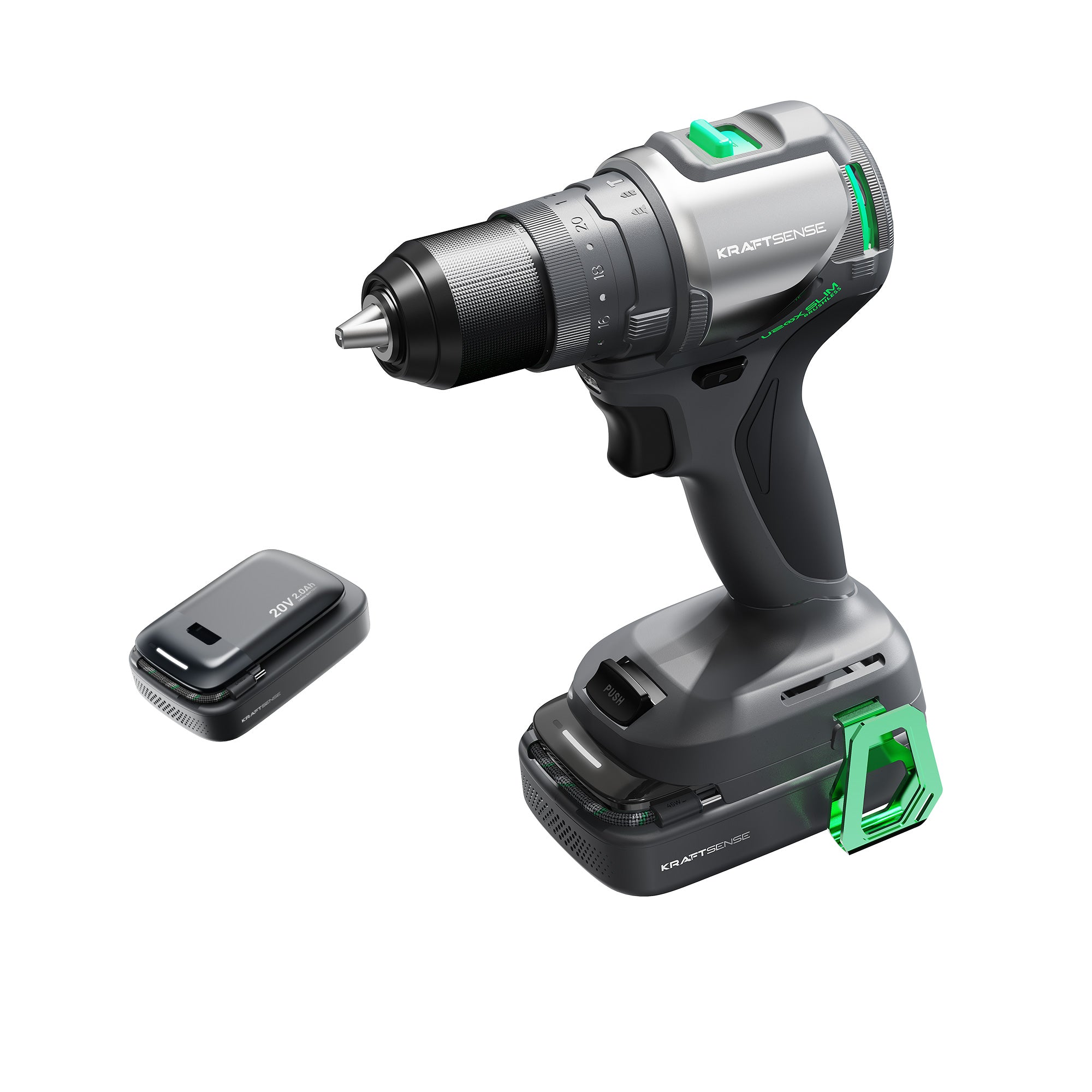 Bald erhältlich | Kraftsense U20X  Slim 20V Bürstenlose 1/2" Schlagbohrmaschine, 50 N·m mit 2,0Ah Akku